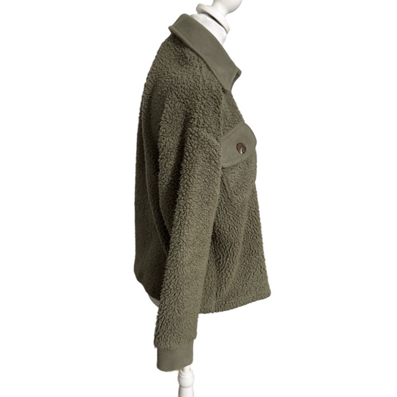 Pink Rose Army Green Faux Fur Sherpa Button Jacket Women Size XS - Picture 5 of 16